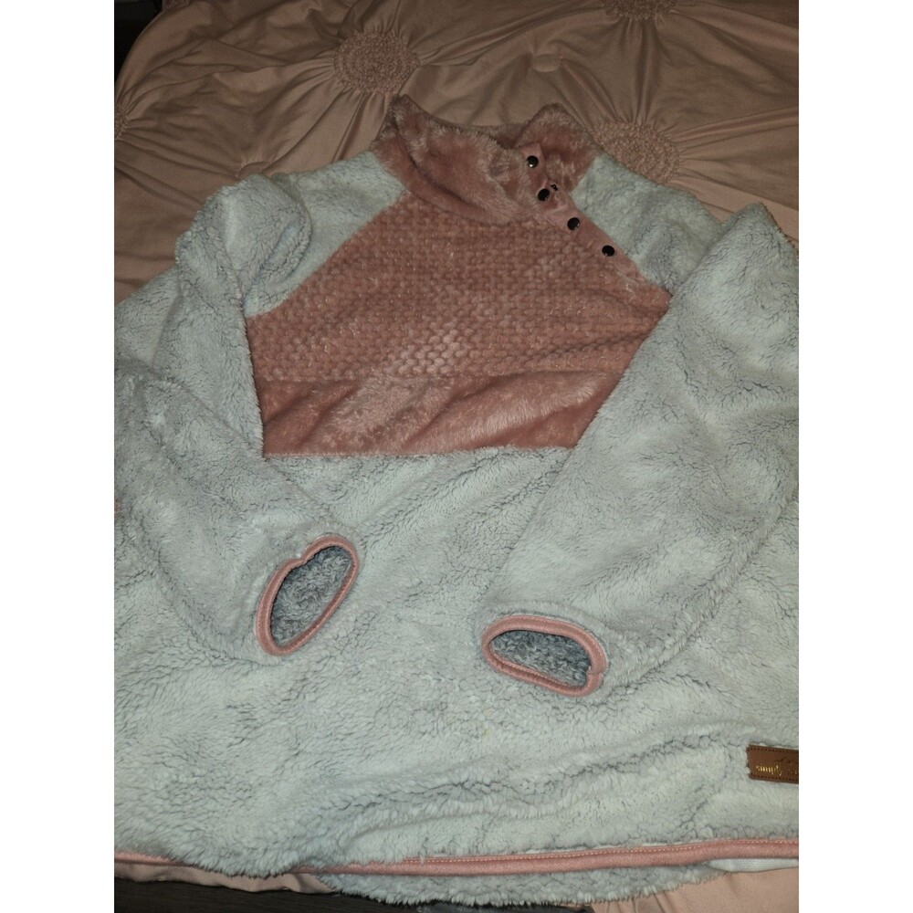 Simply Southern Pink Gray Fleece Pullover Sweatshirt Women Snap Neck Large
